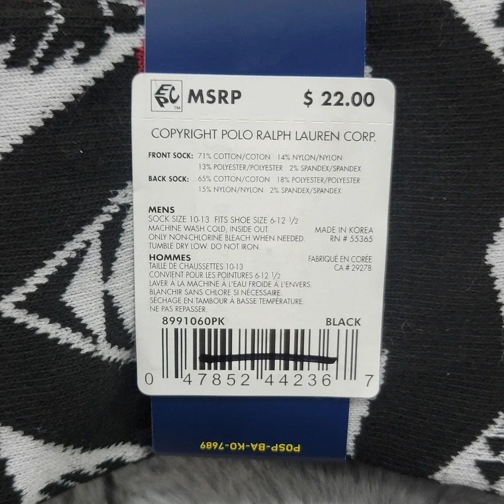 Polo Ralph Lauren Socks Mens 10-13 Black Fair Isle Snowflake‎ 2 Pack Mid Calf